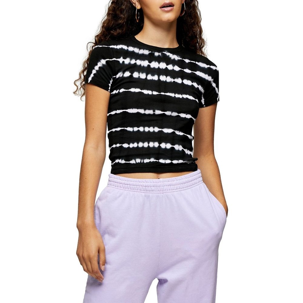 New Topshop Tie Dye Shrunken T-Shirt Sz 2 Womens Striped Black White NWT